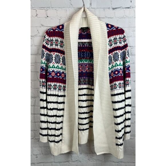 TALBOTS PETITE white multicolor cotton blend aztec southwest knit cardigan SP - Picture 1 of 8